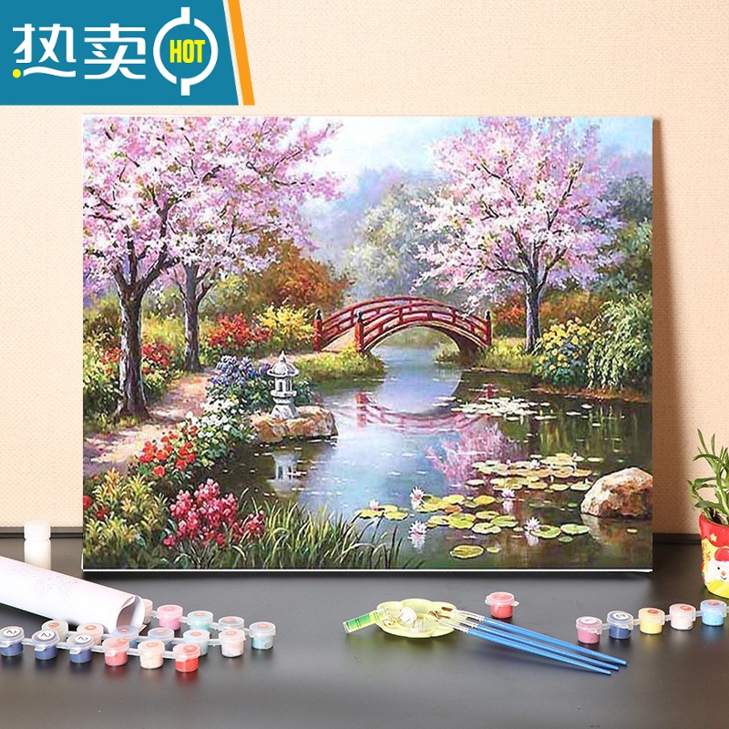 敬平数字油画diy填充手工填色消磨时间花开季节装饰涂色丙烯油彩画画装饰画 24樱花道路 40*50绷好内框厚内框彩版画布+颜料+画笔+安装配件