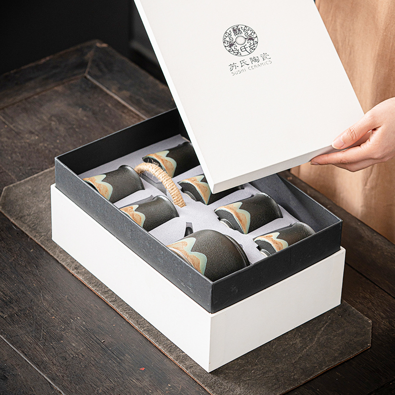 苏氏陶瓷(SUSHI CERAMICS)手绘山水画功夫茶具提梁壶茶具套装1壶6杯礼盒装