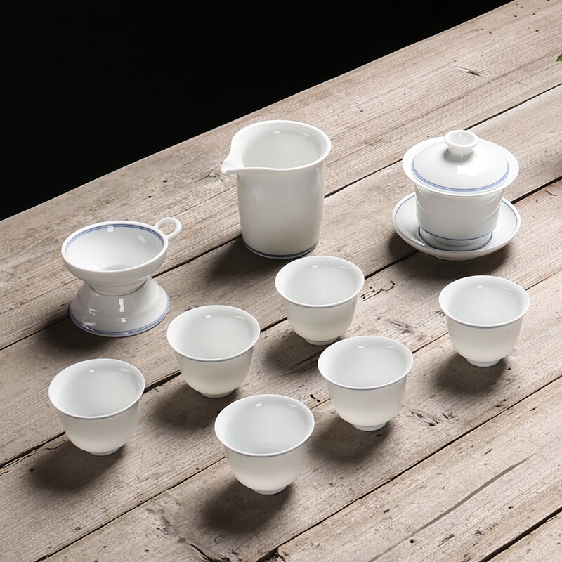 百鸿(Baihong)功夫茶具套装德化陶瓷高白玉瓷手绘盖碗茶杯茶具茶漏整套家用礼品 子母线玉瓷功夫茶具套装