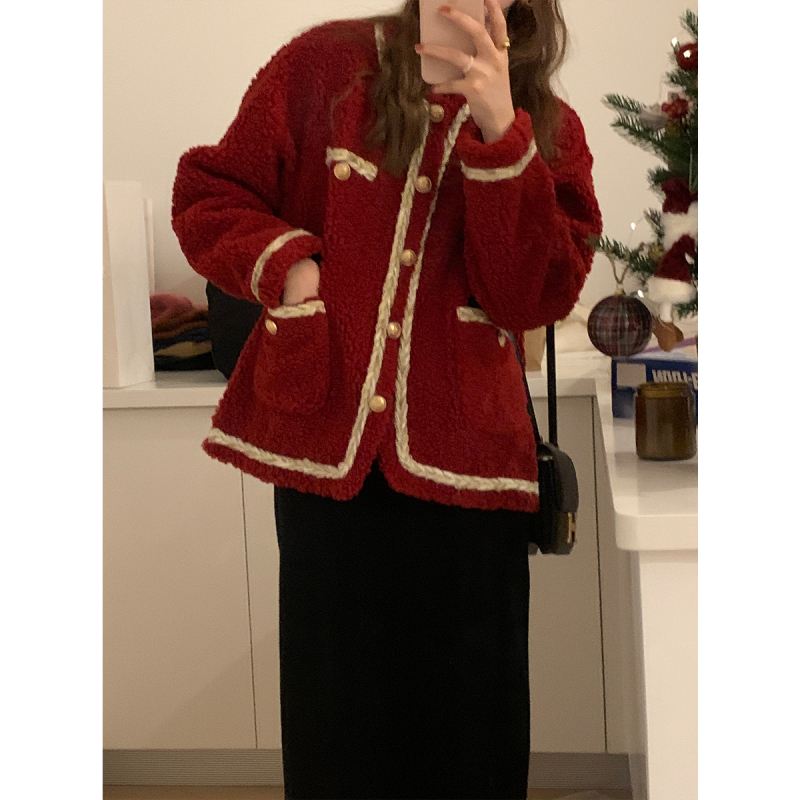 茜靓CHYLLIRN2020冬季新款宽松圣诞红皮毛一体颗粒绒羊羔毛外套女