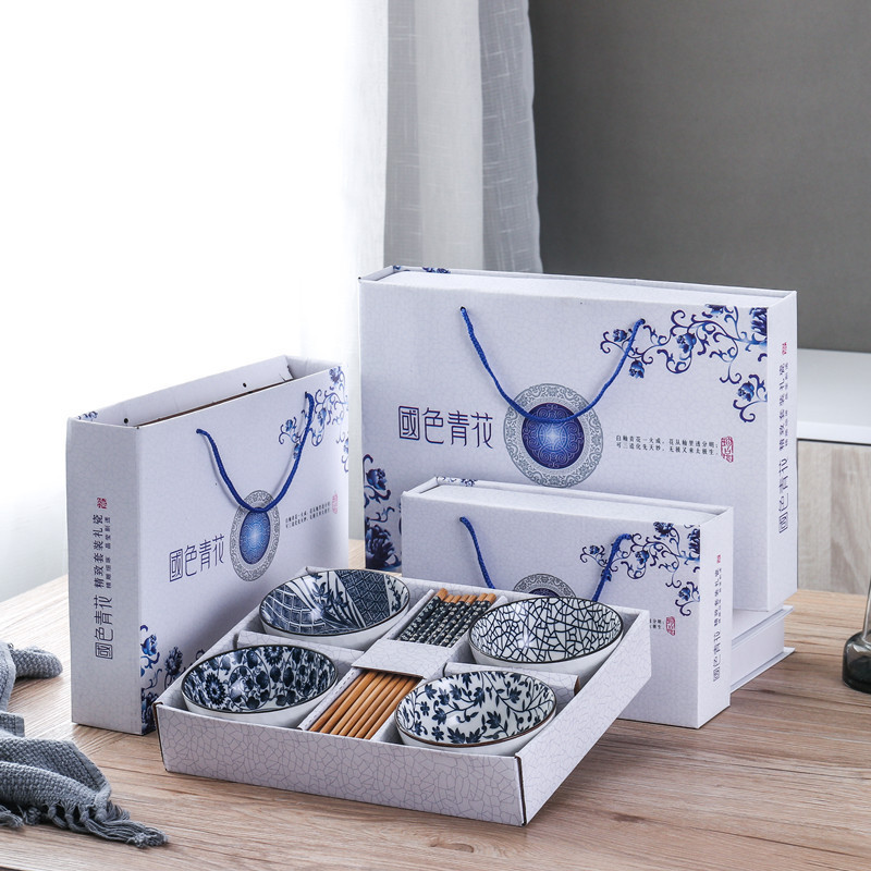 苏宁极物 陶瓷碗筷套装混色4碗4筷 DX0090 餐具套装瓷碗筷礼盒(套)