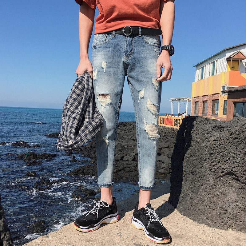 夏装男装夏款裤子学生韩版潮破洞牛仔裤男士小脚九分裤百搭乞丐裤