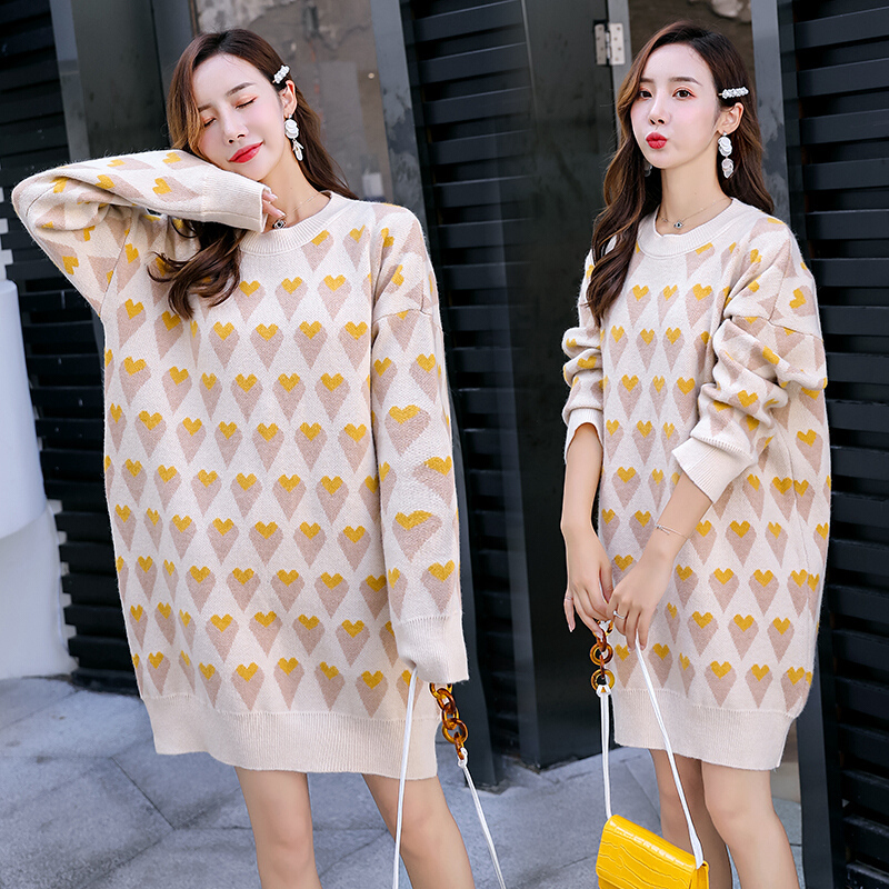 迪鲁奥(DILUAO)孕妇装秋冬装套装孕妇时尚中长款套头爱心上衣外穿怀孕期 米色 均码[适合约90-1