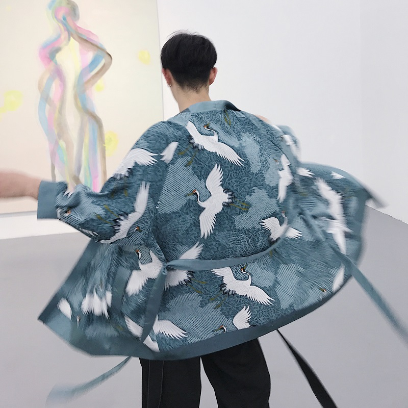 仙鹤图案睡衣风七分袖衬衣男韩版夏季防晒服宽松中长薄款风衣外套