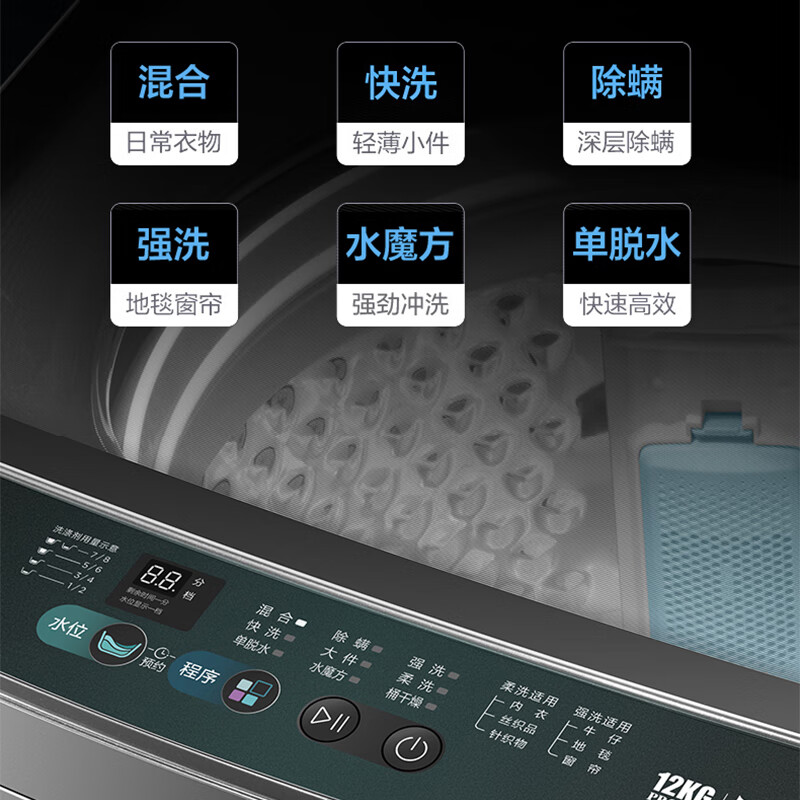小天鹅TB12V02MT波轮洗衣机全自动12公斤大容量水魔方防缠绕 直驱变频 除菌免清洗 无孔内筒单脱水高清大图