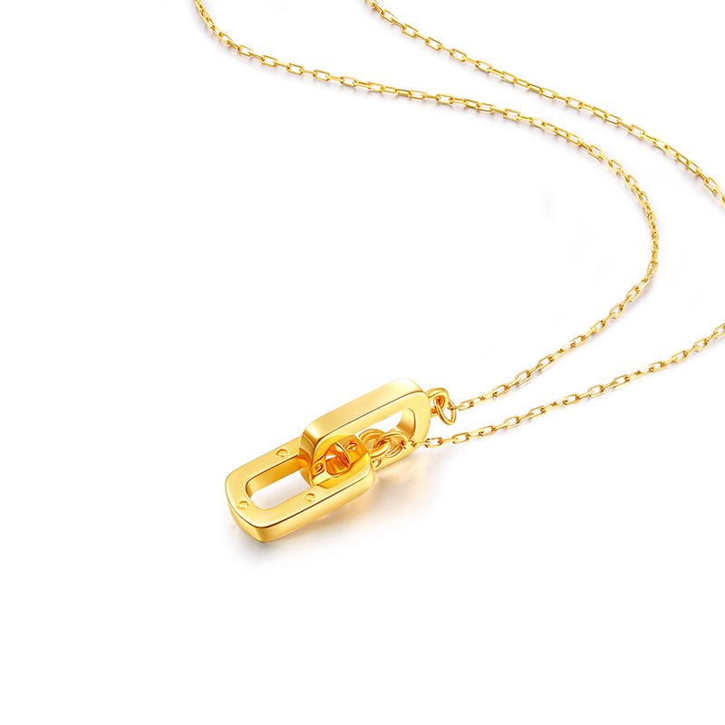 梦金园复古风几何双环18k金项链简约方环锁骨链k黄套链镂空生日礼物