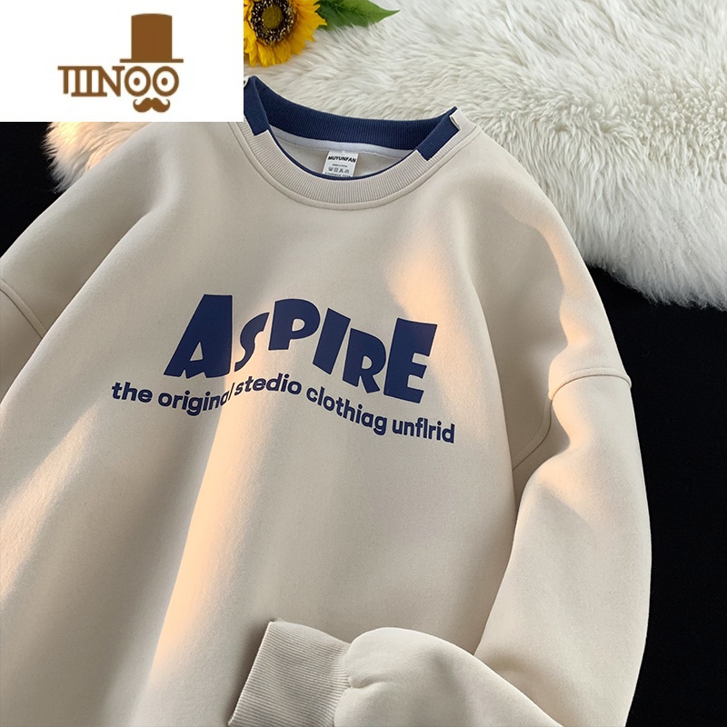 YANXU美式复古假卫衣男生上衣服青少年圆领长袖外套潮A高清大图