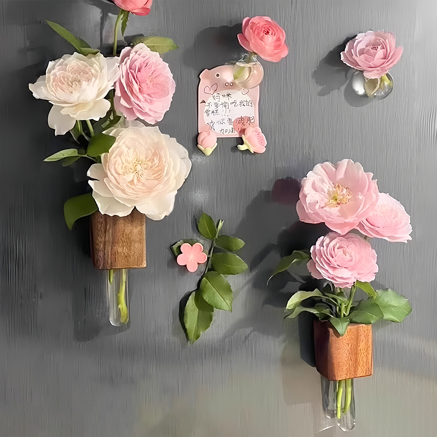 实木插花器创意试管插花器冰箱贴磁贴留言固定磁力贴水培植物花瓶高清大图