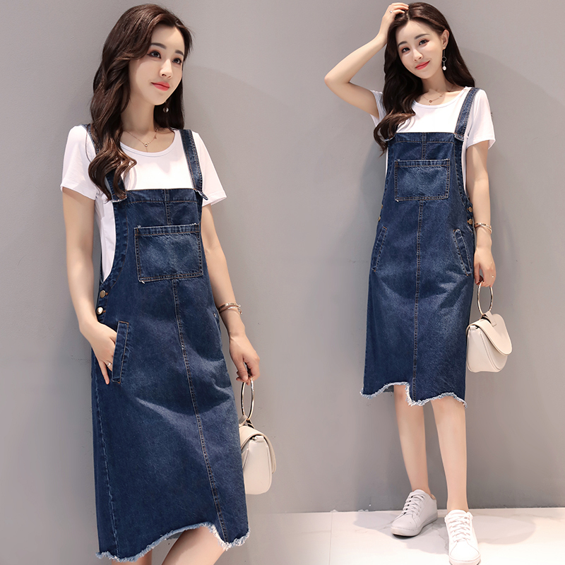 女士夏款新品女韩版百搭甜美t恤修身开叉牛仔背带裙时尚休闲套装