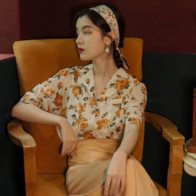 衬衫女80年代女装港风雪纺防晒衫大花连衣裙套装碎花复古上衣女 黄色