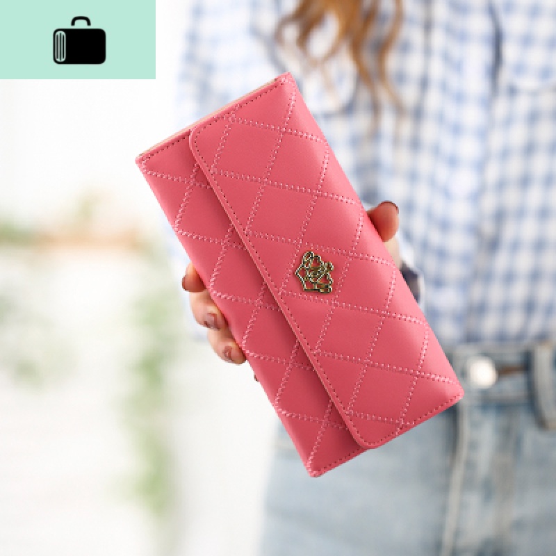 新款女士钱包女长款日韩多功能菱格皇冠搭扣皮夹钱夹大容量手机包NEW LAKE 皇冠-西瓜红