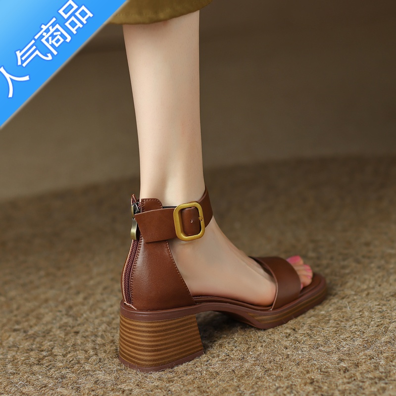 suntek厚底棕色复古一字带罗马凉鞋女粗跟软底后包跟夏季新款高跟鞋