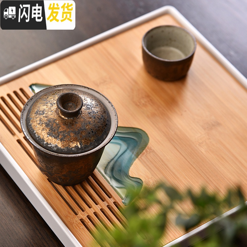 三维工匠创意家用茶盘简约日式功夫茶具现代简易圆形小托盘竹制储水干泡台 密胺圆形雅黑盘25×25cm(山水)