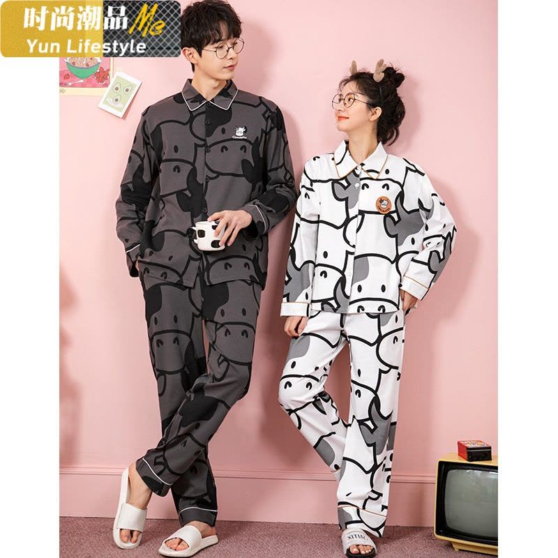 YUNWUXIN梦米诺睡衣女春秋季新款套装情侣奶牛长袖男士宽松薄款棉家居服睡衣图片