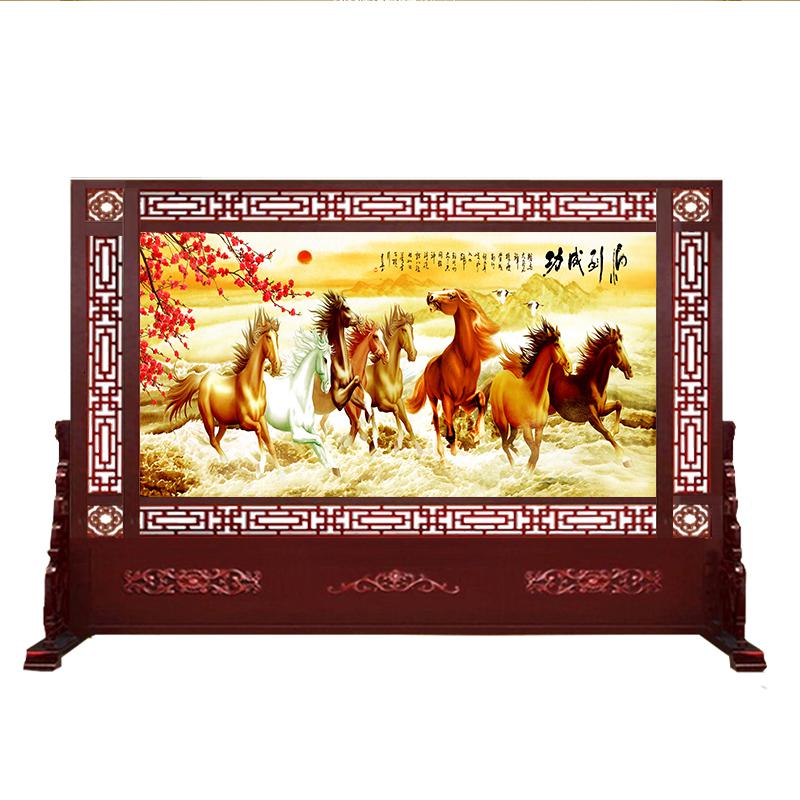 BONJEAN新中式实木办公室屏风隔断装饰玄关风水客厅酒店进双面座屏牡丹高清大图