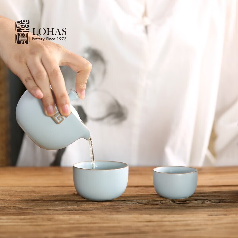 陆宝 洄澜盖碗茶组 陶瓷茶具 旅行茶具便携茶具 随手泡快客杯 天青色 1壶2杯1布袋高清大图