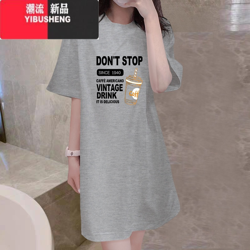 YIBUSHENG短袖t恤裙2024季新款时尚韩版宽松显瘦中长款连衣裙女ins潮
