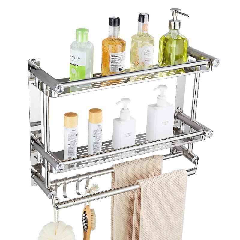 洗脸池摆放壁架卫生间置物架免打孔吸壁式牙具洗澡房带挂钩毛巾居 三维工匠 Q71-[免打孔+打孔]双层50cm加高牙刷架图片