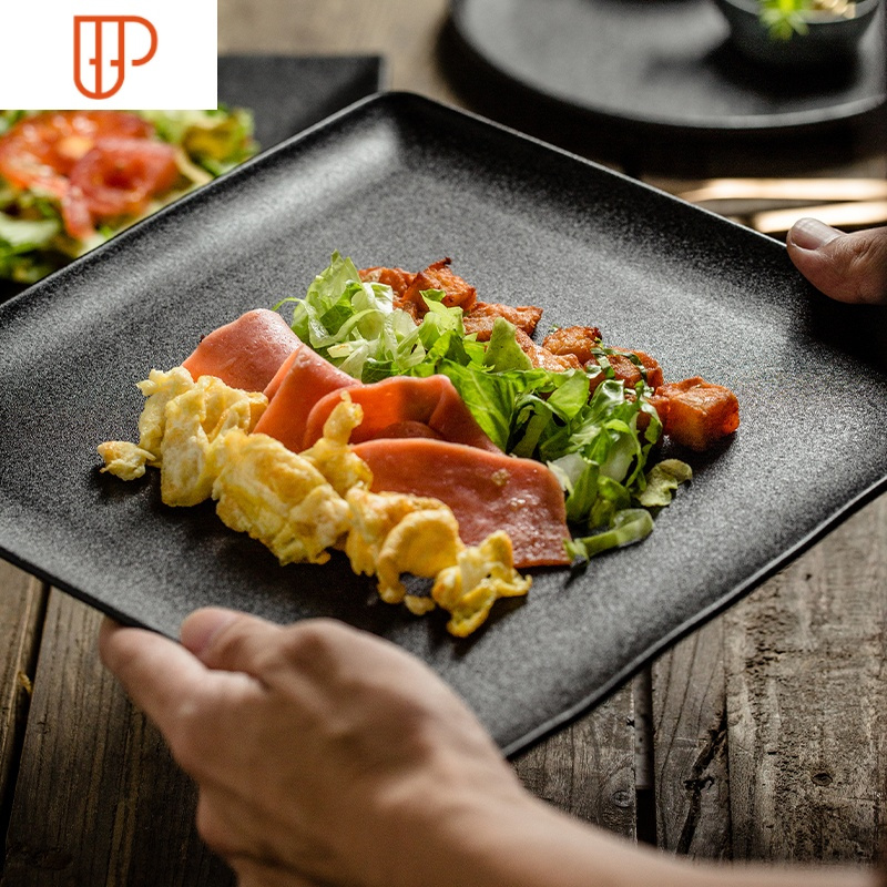 牛排餐盘西餐盘子陶瓷方盘家用黑色创意日式西式四方盘