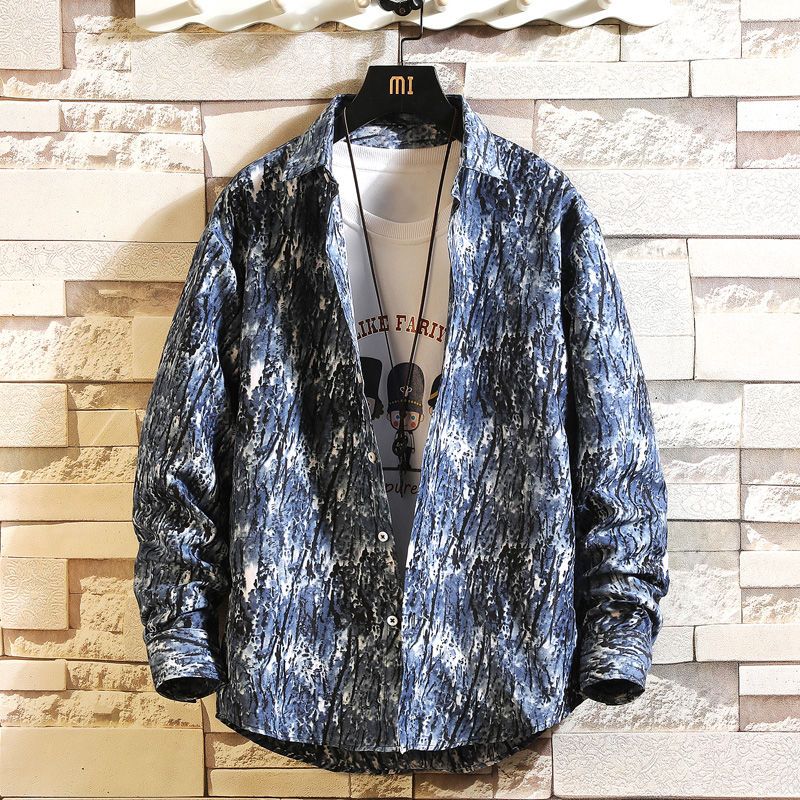 网红花衬衫男长袖修身青年碎花衬衣潮流条纹寸衫外套男装休闲衣服威珺