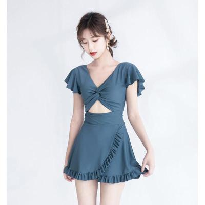 吴宣仪同款游泳衣女遮肚显瘦保守学生连体仙女范性感韩国ins泳装 3040蓝灰(分体款) M码(建议78-95斤)