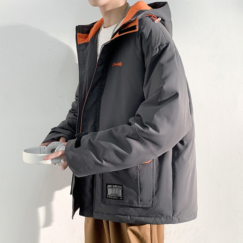 [1.5折价129元]唐狮棉服男连帽撞色工装刺绣贴标短款棉衣棉服男冬季