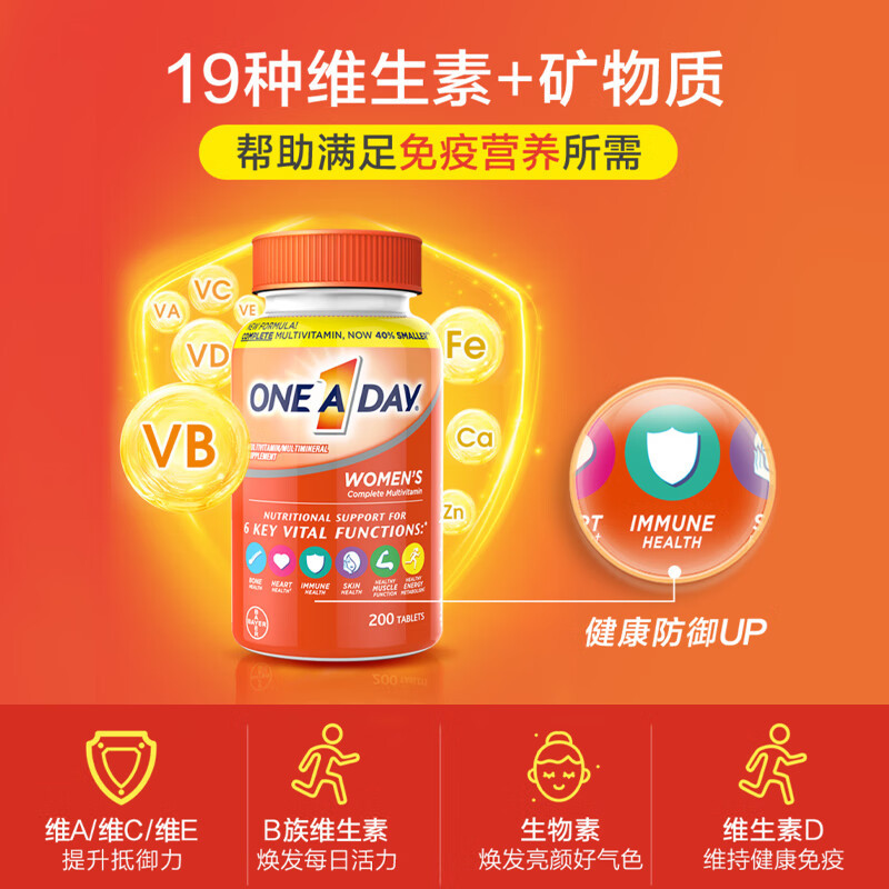 One A Day女士复合维200粒生素烟酸补锌补钙B族VC亮肤养颜增发美甲