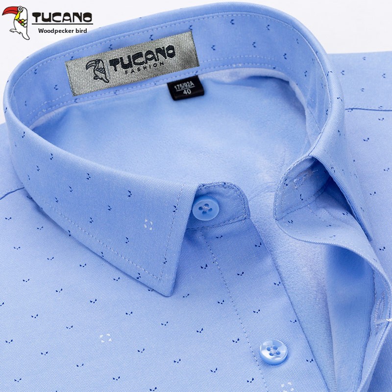 啄木鸟冬季加绒加厚保暖衬衫男商务休闲浅蓝色印花时尚保暖衬衣闲高清大图