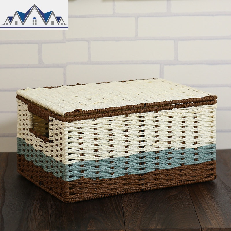 收纳筐藤编有盖桌面储物盒家居衣物玩具零食收纳框编织篮子 三维工匠收纳篮高清大图