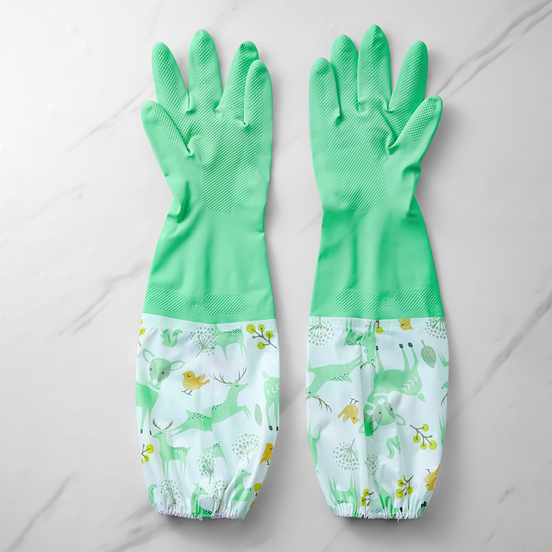 加长洗碗手套女丁腈加厚家务手套冬加绒橡胶皮清洁手套洗衣服 加绒天然乳胶手套绿色