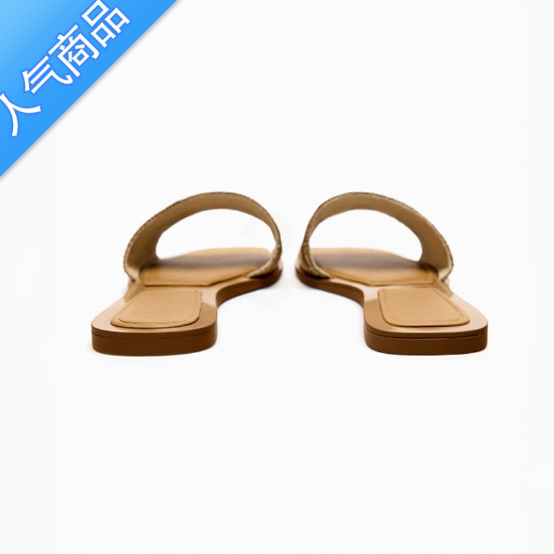 SUNTEK夏季新款女鞋金色法式复古平底凉鞋刺绣一字拖鞋女外穿沙滩凉拖高清大图