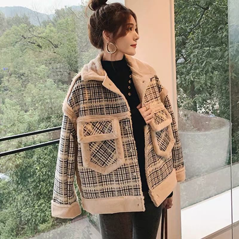 皮毛一体外套女短款秋冬新款学生韩版宽松加厚加绒仿羊羔毛绒棉衣