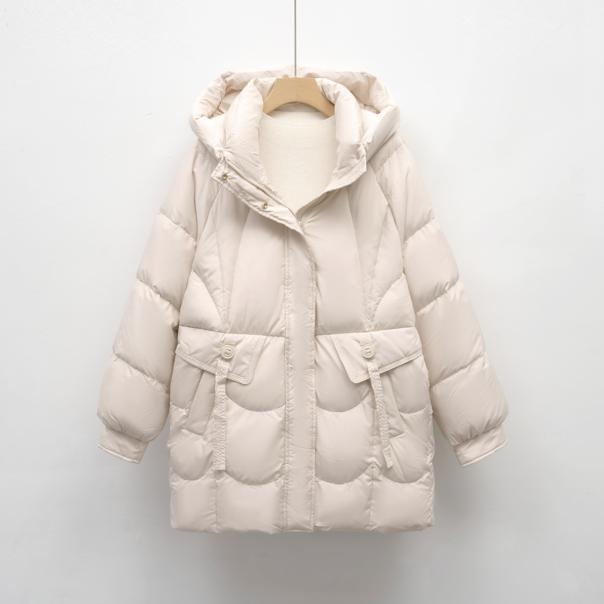 加厚时尚简约连帽保暖时尚冬季外套面包服中长款宽松羽绒服高清大图