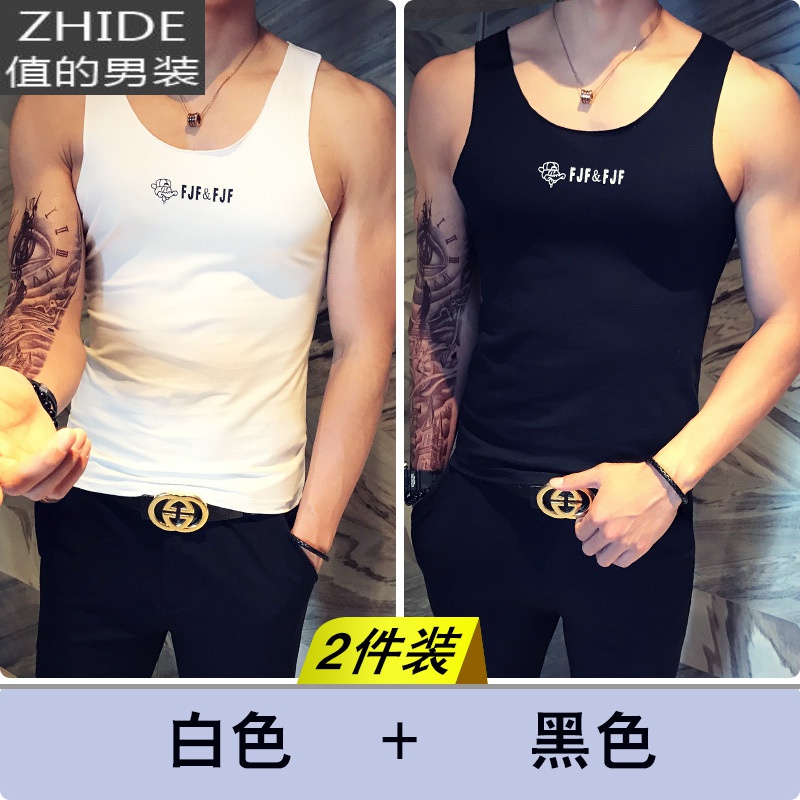 SUNTEK夏季男士坎肩背心修身黑白色汗衫健身运动无袖马甲潮流t恤男棉马甲/背心高清大图
