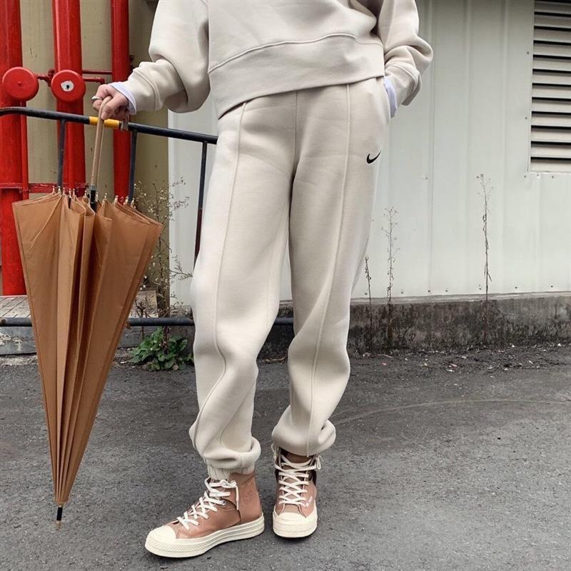 宽松复古慢跑情侣款logo抓绒束口长裤卫裤加绒运动裤秋冬新款