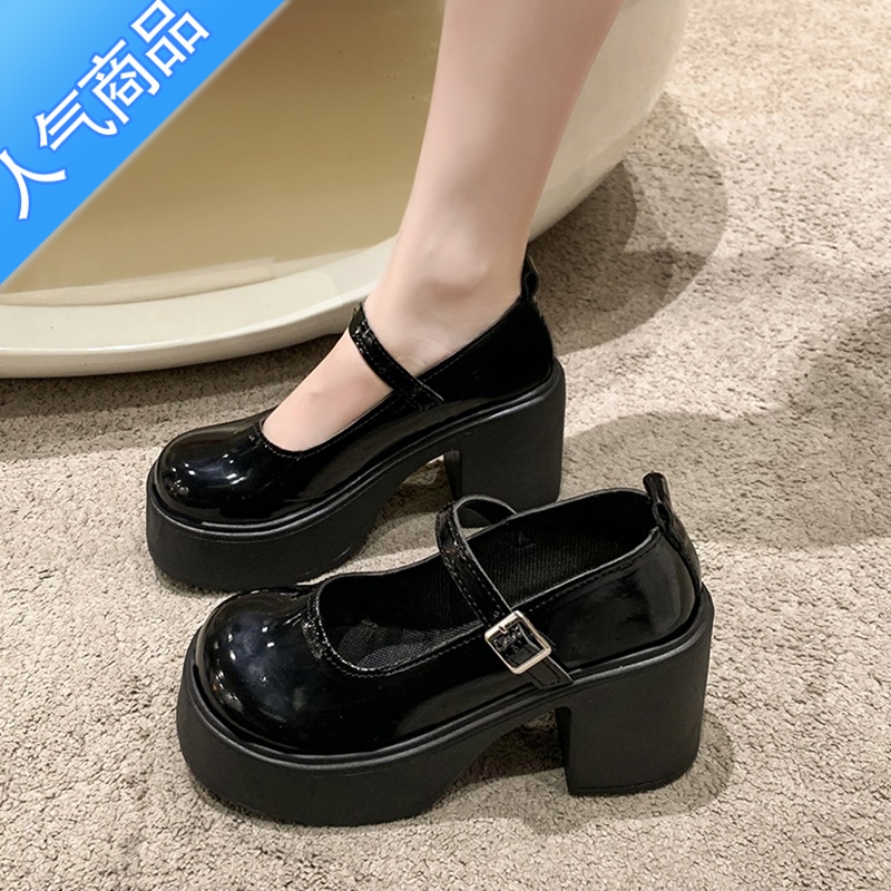 SUNTEK白色小香风粗跟高跟鞋女2023年新款夏秋款小个子网红法式玛丽珍鞋 黑色 36