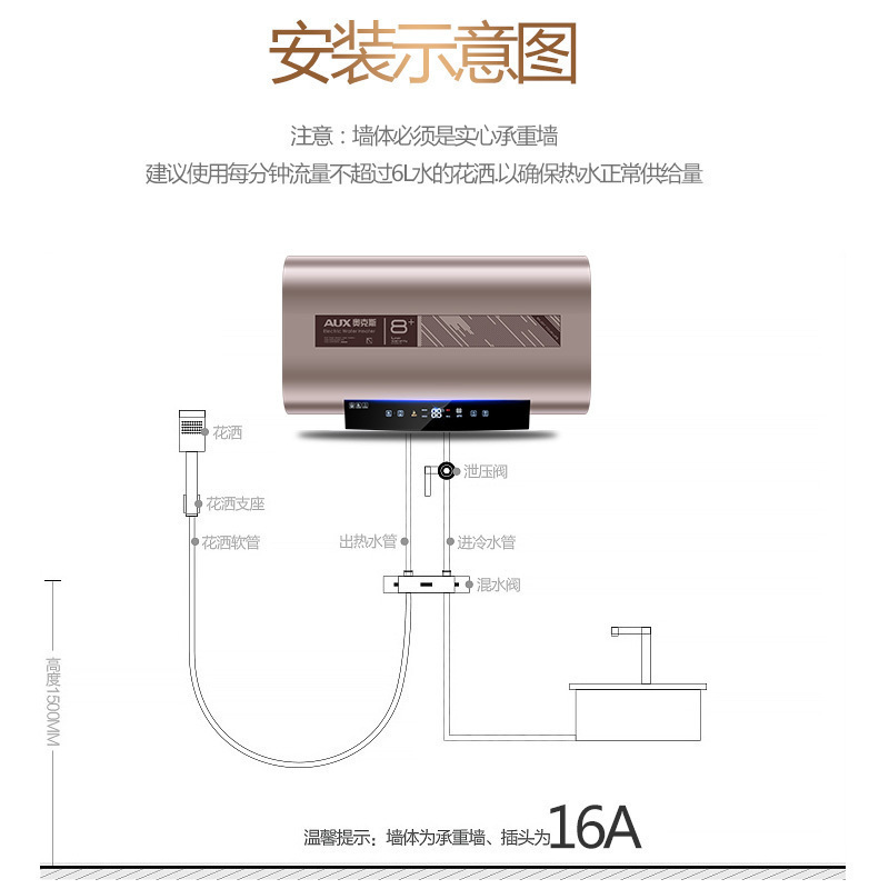 奥克斯(AUX)SMS-60DB07电热水器60升免拆排污纤薄扁桶双胆热水器玫瑰金家用速热储水式2级能效3000W带安装