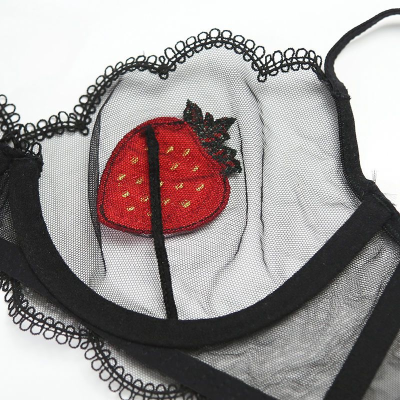 少女美屋网纱蕾丝水果草莓刺绣内衣薄款性感文胸超薄透明胸罩套装
