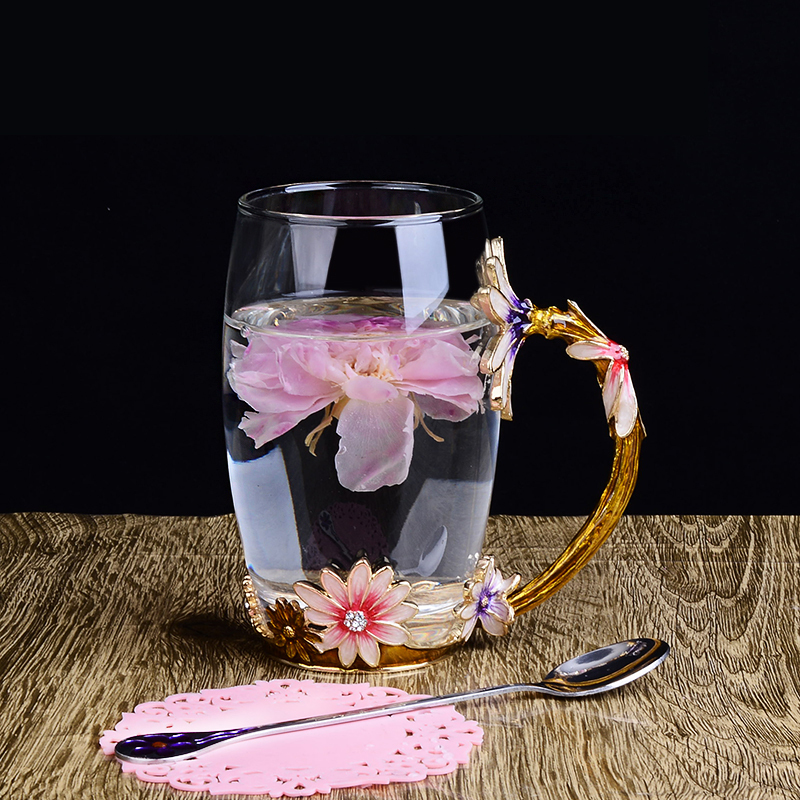 珐琅彩水杯花茶杯果汁杯耐热玻璃杯泡茶杯咖啡杯情侣杯创意杯子女日用家居