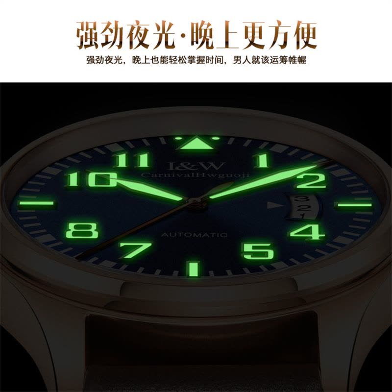 瑞士嘉年华Carnival手表男士全自动机械表 男士真皮带休闲时尚潮流简约防水男表大三针强劲夜光皮带腕表ms-8777c图片