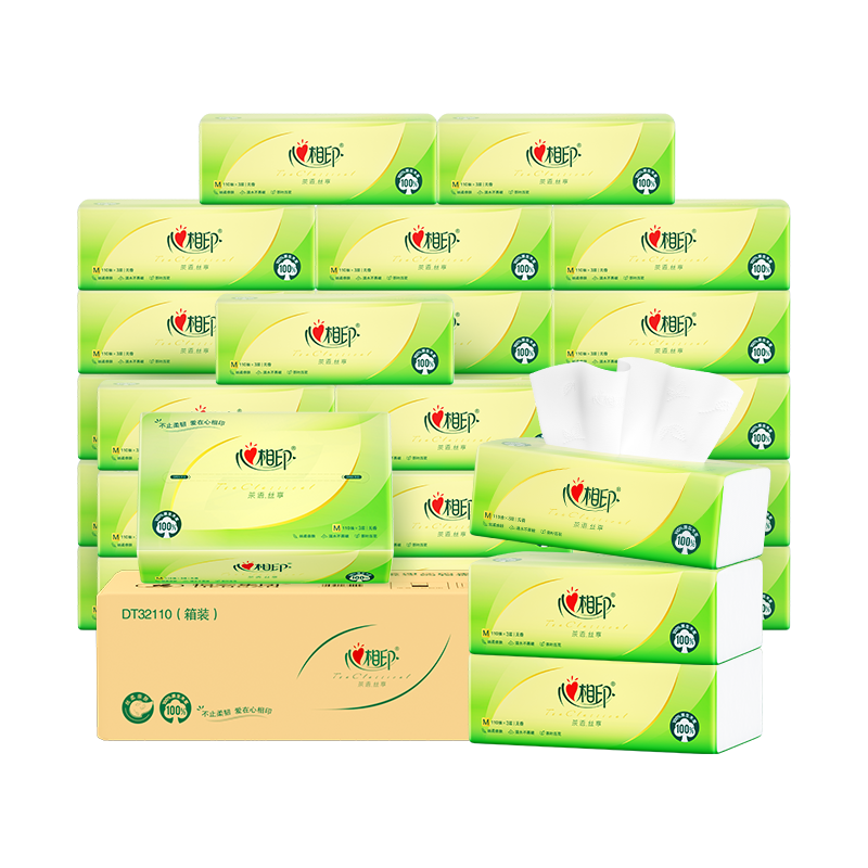 心相印(Mind Act Upon Mind)DT32110茶语丝享系列M码三层110抽27包塑料纸面巾箱装