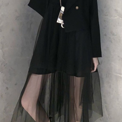波迷娜(BOMINA)秋装2021年新款中长款网纱吊带连衣裙女小西装短外套初秋两件
