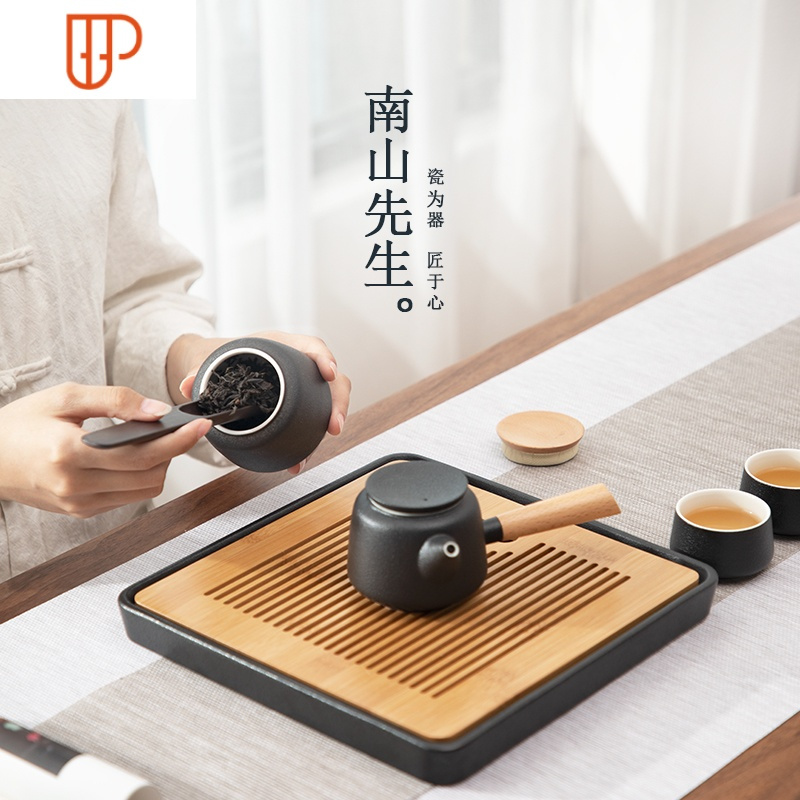黑陶侧把壶功夫家用简约储水式干泡旅行茶具茶海陶瓷 国泰家和 黑陶六杯双侧把套装++四方旅行茶具 10件