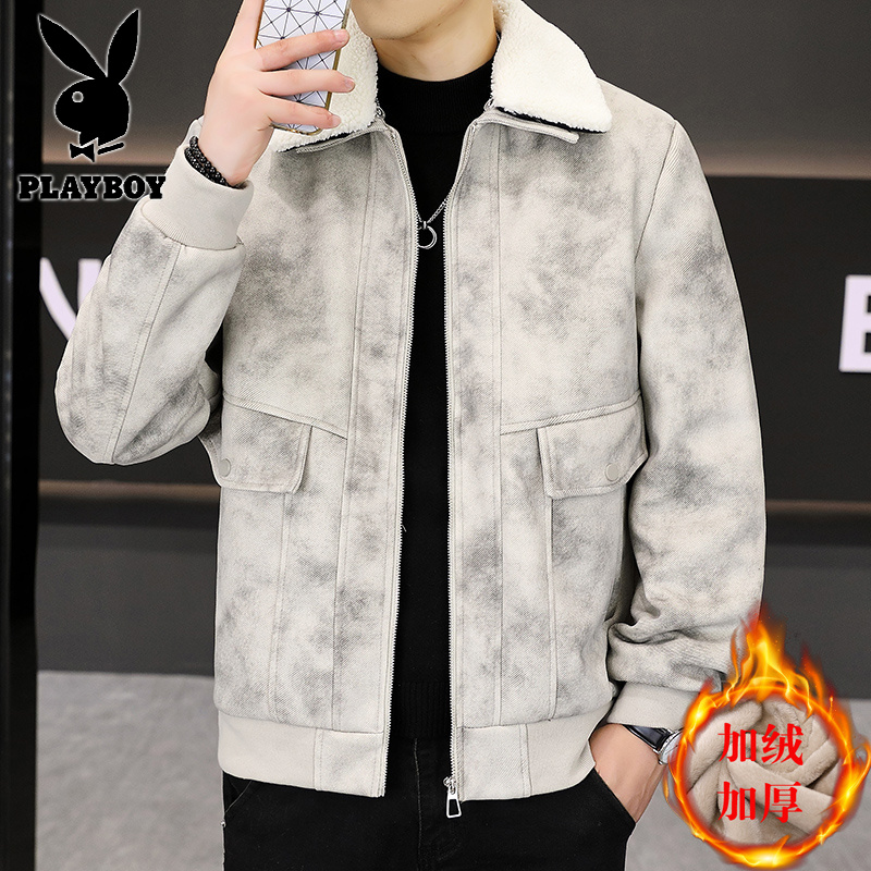 花花公子新款脏脏布男士冬季加绒加厚外套时尚个性百搭夹克高清大图