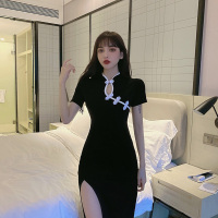 艳如飞中国风旗袍排扣连衣裙夏季修身气质女装复古开叉黑色中长款包臀裙连衣裙