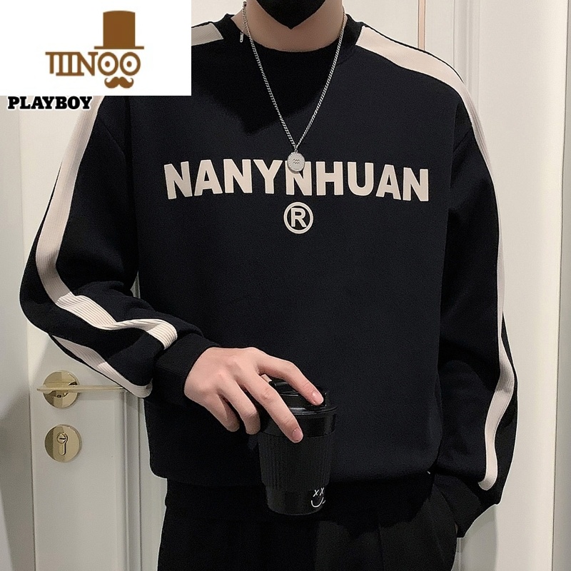 YANXU花花公圆领卫衣男士字母潮流秋季新款打底衫宽松休闲长袖t恤男装高清大图