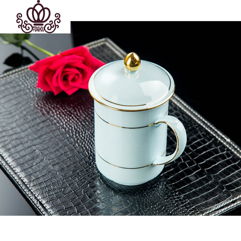 封后陶瓷带盖茶杯景德镇马克杯子水杯带柄用杯大容量大码影青釉水杯子