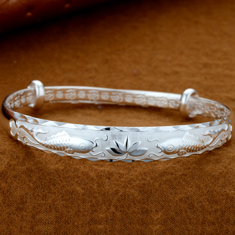 足银手镯20克双鱼戏莲银镯子女款银饰饰品2002280送女朋友七夕情人节