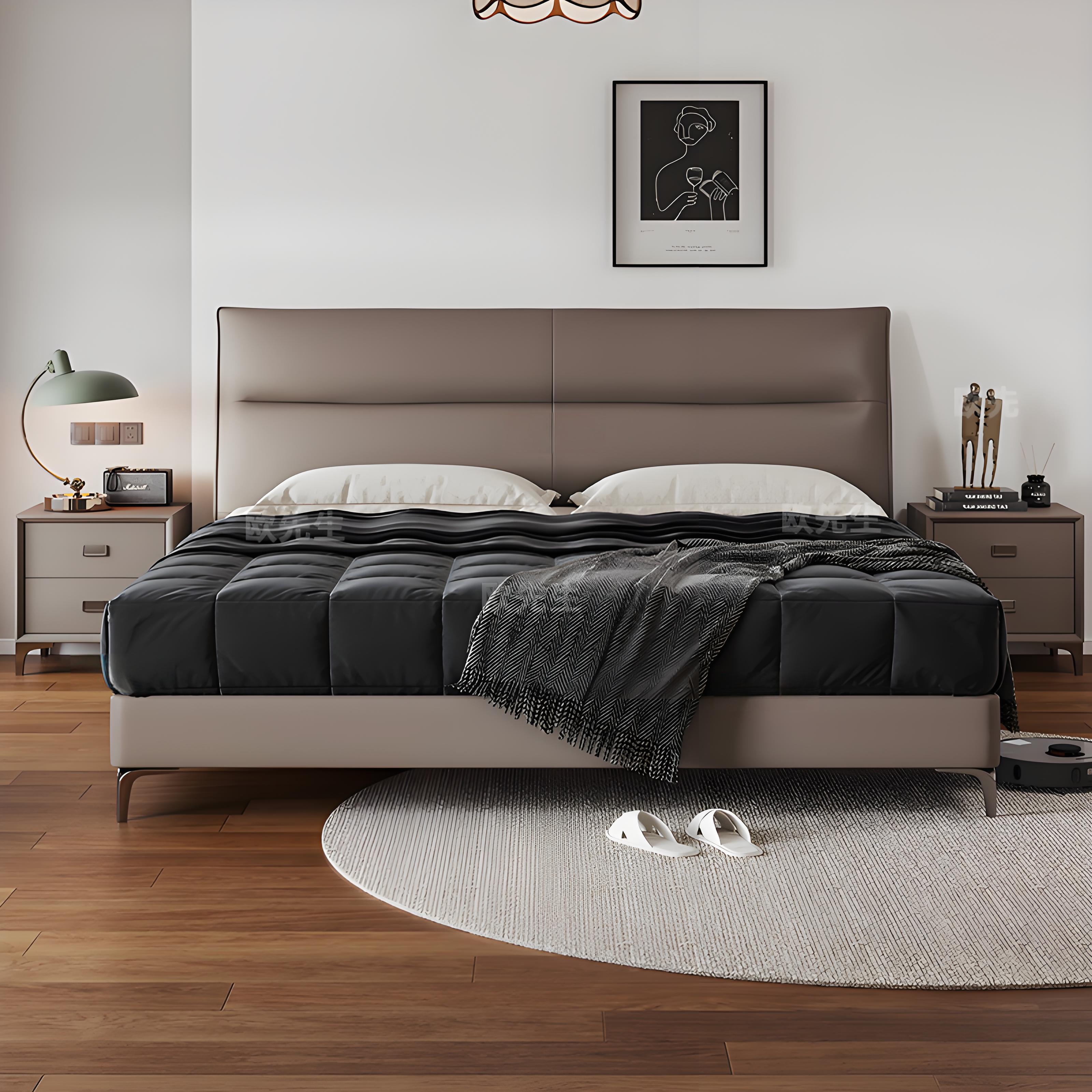 欧先生高脚实木现代极简真皮双人软靠包主卧次卧室真皮床1.5米1.8米婚床高清大图