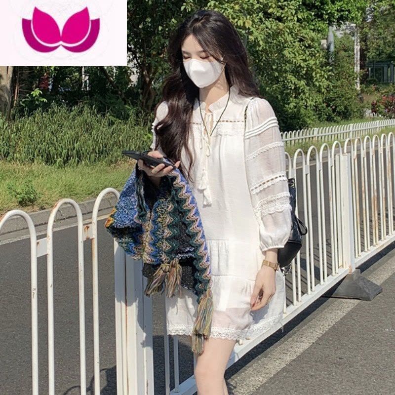 七斓超仙初恋森系白色连衣裙子女高级感气质民族风斗蓬披肩套装图片